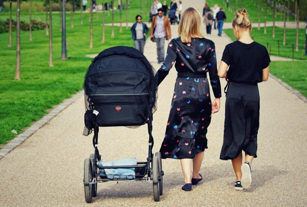 Two women walking with a stroller in a park.