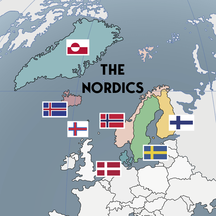 A map with the flags of the nordic countries.