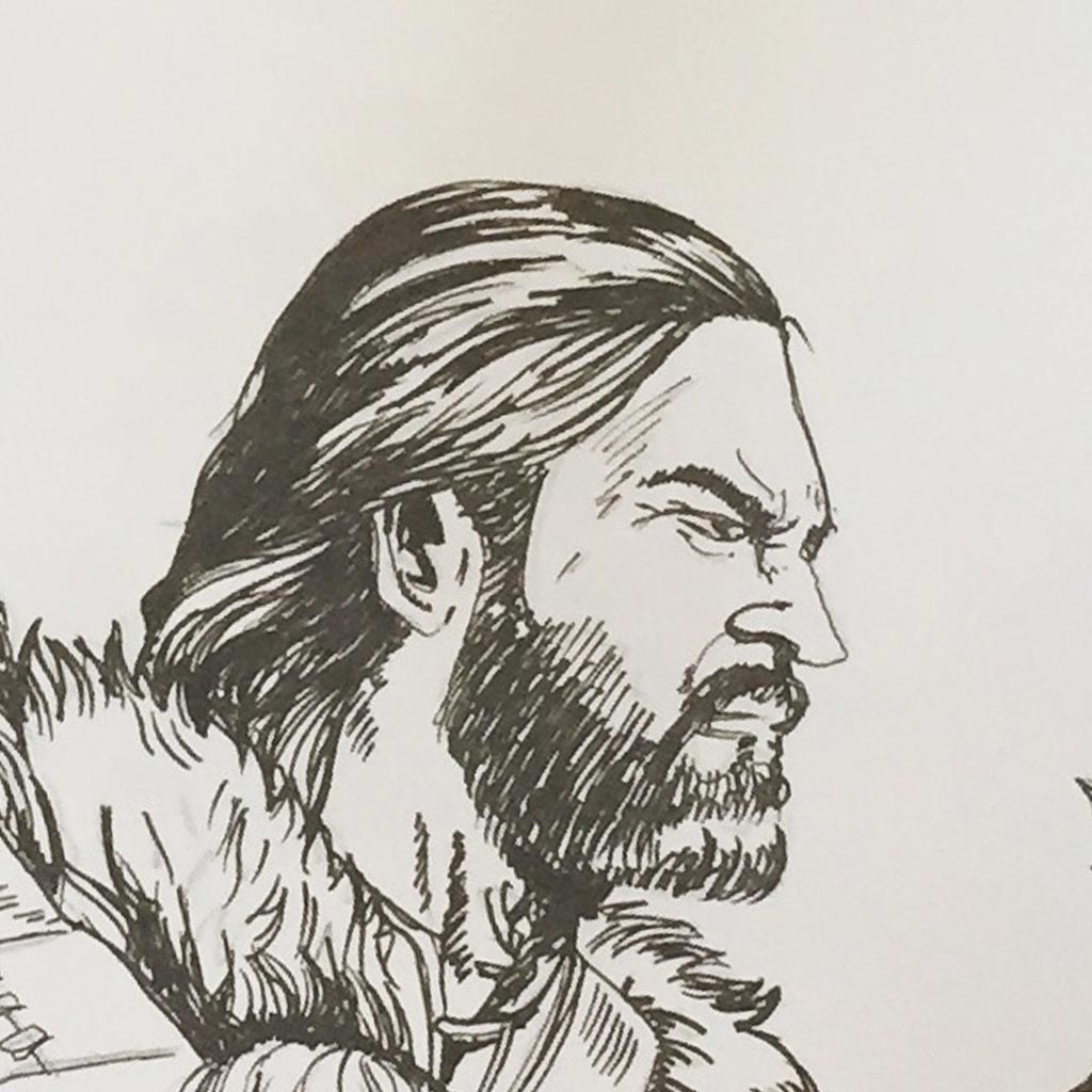 A black and white drawing of a man with long hair and a beard, facing left. He wears fur around his shoulders, reminiscent of the Nordic landscapes of Sweden, and has a determined expression. The style is sketch-like with detailed line work.