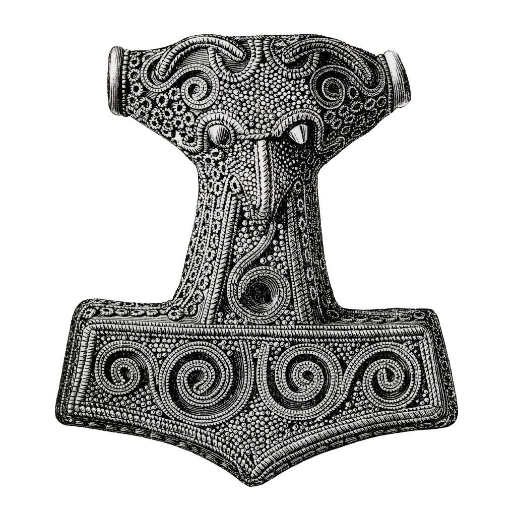 An intricately detailed, black and white illustration of Thor's Hammer, Mjölnir, echoing the rich artistry of Norway. The design features ornate patterns and symmetrical swirls throughout, with a stylized representation of a face near the top.