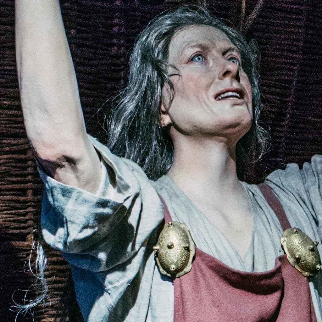 A person with long gray hair and a distressed expression looks upward, reminiscent of a figure from ancient Scandinavia. They are wearing a loose garment with two decorative, circular brooches on the shoulders. The background is dark and textured.