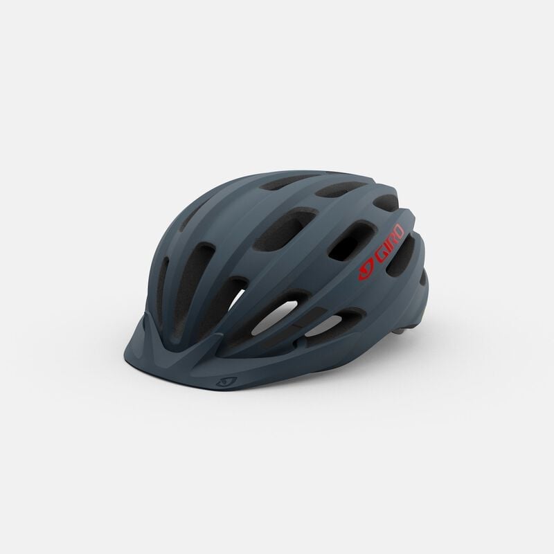 A dark gray bicycle helmet with multiple ventilation slots and a small visor at the front. The brand name "Giro" is displayed in red letters on the side. The helmet is set against a plain light gray background.