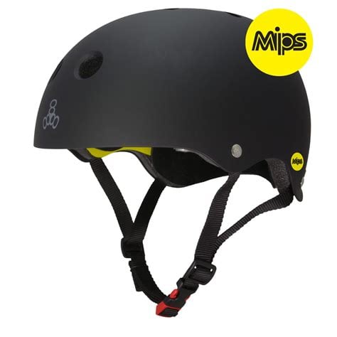 A black helmet with a MIPS logo, featuring adjustable black straps and a red strap fastener. The helmet has several ventilation holes and a small logo on the front.