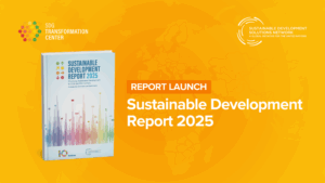 A promotional graphic featuring the cover of the Sustainable Development Report 2025, logos for the SDG Transformation Center and Sustainable Development Solutions Network, and text announcing the report launch on a yellow background with world map outlines.
