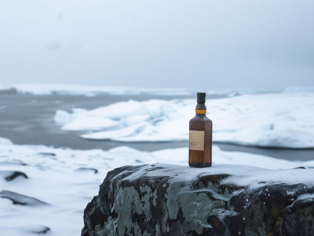 A bottle of whisky sitting on a rock in the snow.