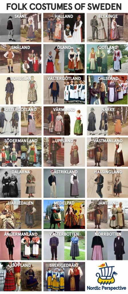 A collage of traditional Swedish folk costumes from various regions, including Skåne, Halland, Blekinge, and more. Each section displays people in traditional attire representative of that specific area. Logo at the bottom reads "Nordic Perspective.